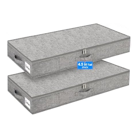punemi Under Bed Storage Containers, 2 Pack 4.5 Inch Tall Low Profile Underbed Clothes Storage Organizer Bin with Sturdy Side & Bottom Support, Use as Clothes Organizer, Pillow and Blanket Organizer Cover