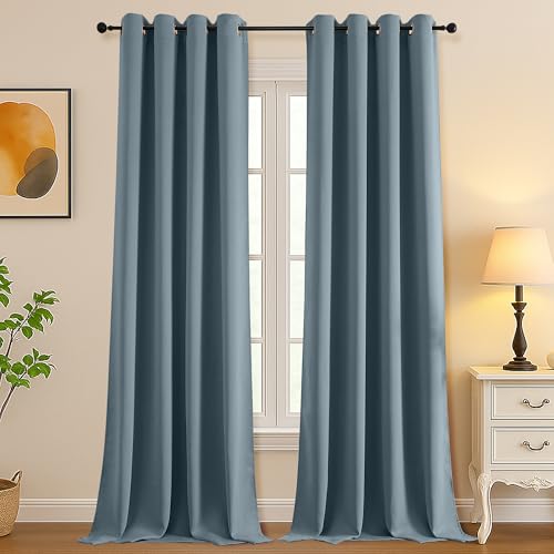 Image of Simplebrand Stone Blue Room Darkening Curtains for Bedroom Living Room 108 Inches Long 2 Panels Set, Thermal Insulated Curtains & Drapes, Solid Grommet Noise Reducing Window Treatment, W50 x L108 Inch