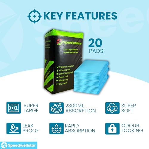 150 x 80 cm Extra Large 2300 ml Disposable Incontinence Bed Pads Pack of 20 Super Absorbent Protector Full Size Bed Wee 2300 ml