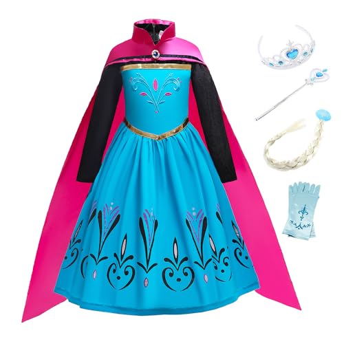 New front Vestido de Coronación de Princesa Elsa Ana Ropa de carnaval las nieves Anna ropa y capa Niñas Pequeños Disfraz de el Reino del Hielo Halloween Fiesta Cumpleaños,Azul,100