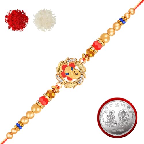 Image of Designer Rakhi (Pack of 1) | 1 Laxmi-Ganesh Coin | Roli-Chawal Pack With Greeting Card | Happy Rakshabandhan | Send Rakhi for Brother /Bhai /Bhaiya /Bhabhi /Kids | Rakhi Gift