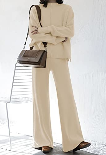 VamJump Women's 2 Piece Outfits Lounge Sets Long Sleeve High Neck Sweater Pullover Top Wide Leg Pants Sweatsuit Sets3