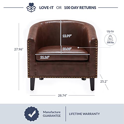 Belleze Accent Barrel Chair, Modern Tub Club Chair Upholstered Armchair For Living Room, Faux Leather Chair With Gold Nail Head Trim Black Legs - Kyara (Brown) #TOP2