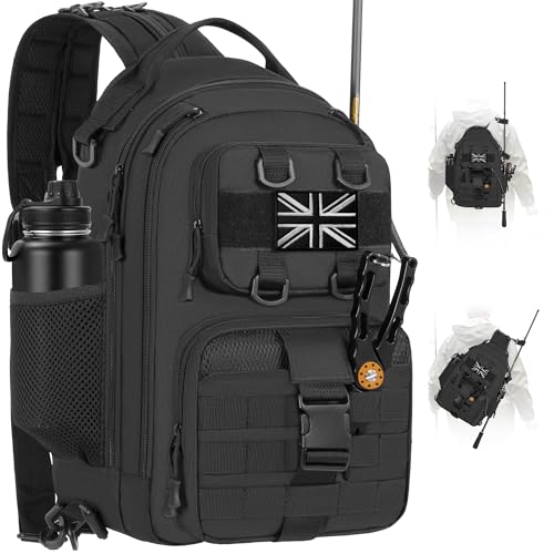 FREEAMG Fishing Backpack Tackle Sling Bag, Tactical Fishing Tackle Backpack with Rod & Gear Holder, Outdoor Fishing Pack Shoulder Bag for Camping Hiking Traveling Cycling(Black Large)