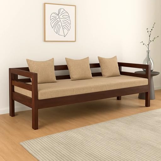 Image of ONIJA Solid Sheesham Wood 3 Seater Sofa Cum Diwan Couch Bed for Living Room Bedroom Furniture Three Seater Sofa Wooden Diwan Sofa Settee for Home, Hall, and Office (Walnut Finish)
