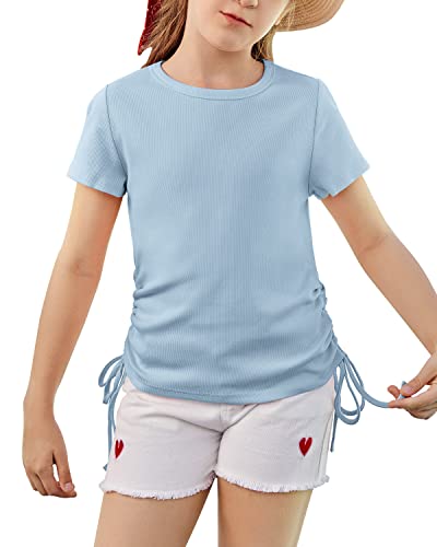 Image of Imily Bela Girls Tees Shirts Cute Crew Neck Short Sleeve Side Drawstring Solid Tops Kids Children Summer Clothes