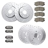 Front (12.64”, 321mm) and Rear Drilled and Slotted Rotors Ceramic Brake Pads Replacement for 2010-20