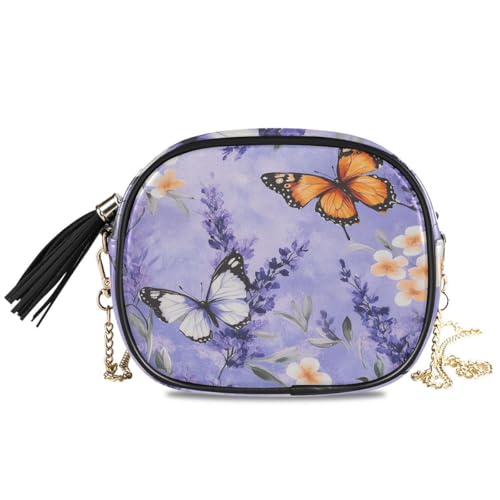 ALAZA Women's Lavender Butterflies Spring Floral PU Leather Crossbody Bag Shoulder Purse with Tassel