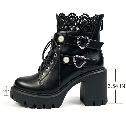 Image of FOREADA Goth Boots Chunky Heel Boot For Women Ankle Combat Booties Black Platform Bootie Buckle Rivets Punk Goth Shoes With Zipper