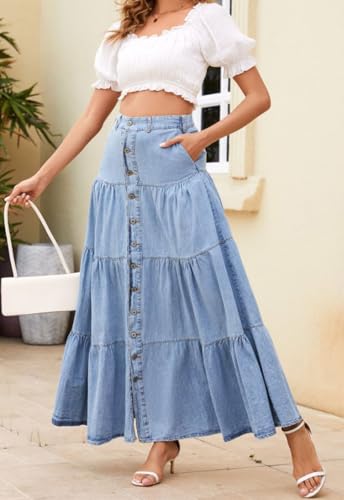 loveimgs Women Western Elastic High Waisted A Line Long Denim Skirt Button Ruffle Tiered Jean Maxi Skirt Patchwork Pocket Y2k4