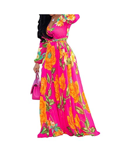 lvenzse Dora's Womens Chiffon Floral Printed Maxi Dress Long Sleeves Bridal Dresses High Slim Waisted Belt Plus Size (Rose XXL)