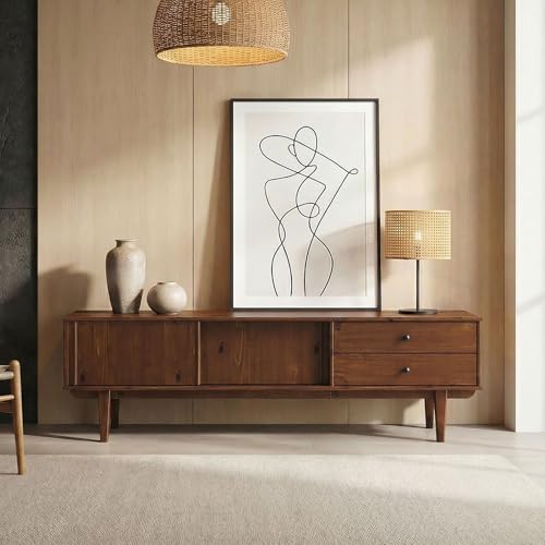 Meuble TV SIMONA L 175 cm en Bois Massif Coloris Châtaignier avec 2 Tiroirs 2 Portes Coulissantes, Pour téléviseur jusqu'à 75