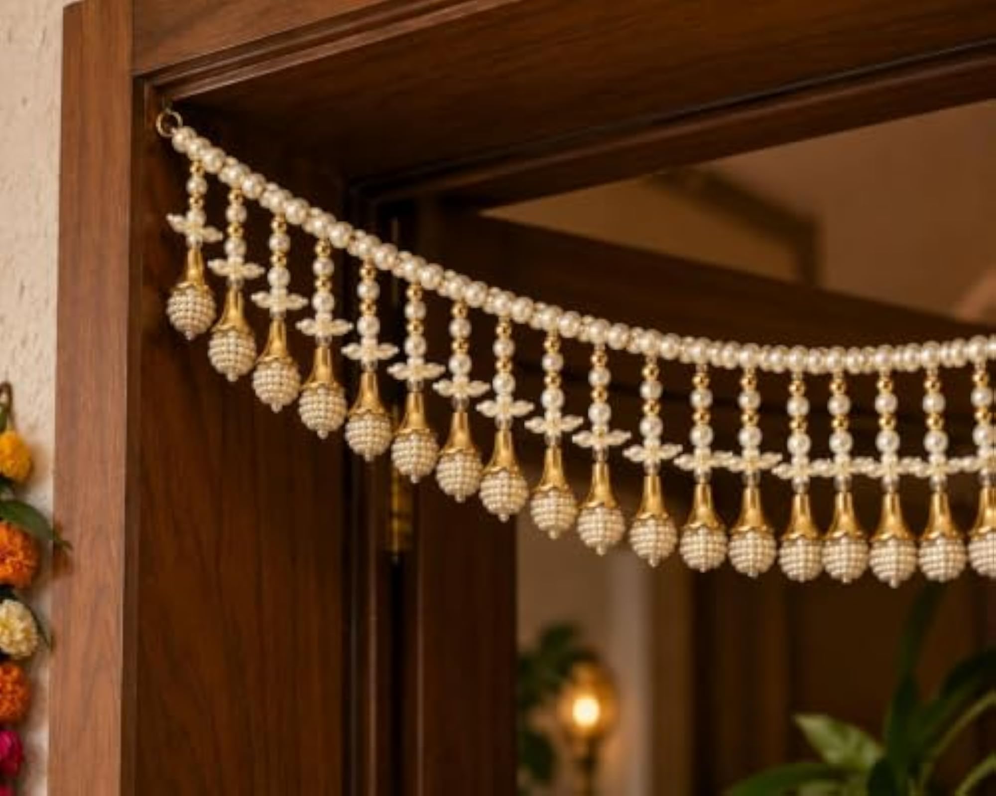Handcrafted White Moti Toran with Decorative Golden Balls