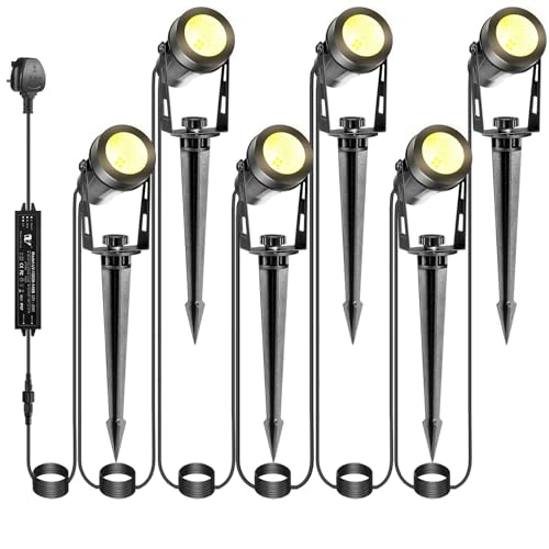 IRISECO 6-1 Garden Spotlights Mains Powered, 21M Outdoor Spot Lights with Adapter, 12V Low Voltage LED Garden Lighting, IP65 Waterproof Spike Lights, Landscape Spotlights for Yard Patio (3000K)