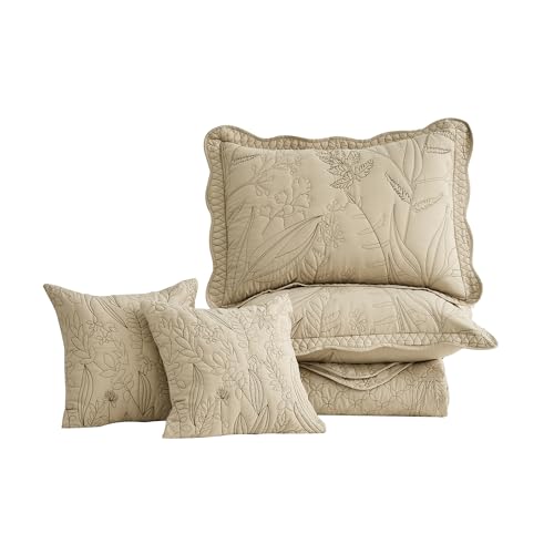 CHIXIN Botanical Oversized Bedspread Queen Size - Leaves Pattern Stitching Quilt Set - Elegant & Fresh Style Bedding Coverlets, Reversible, Lightweight, 5 Piece, Taupe by CHIXIN - Image 8