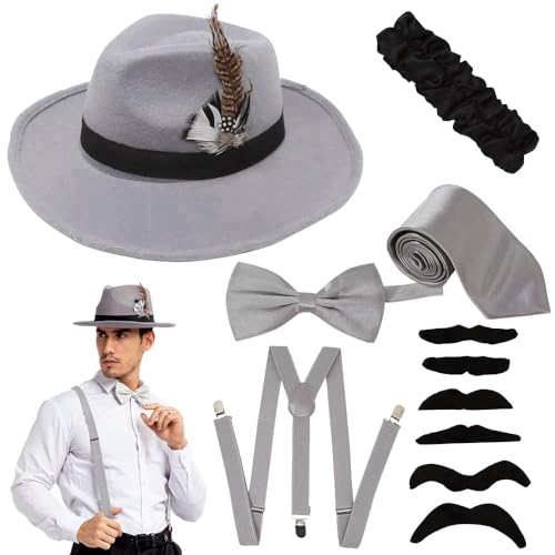 Spooktacular Creations Manhattan 1920s Mens Hat Accessories Gatsby Gangster Retro Hat Suspender Bow Tie Halloween Costume Set (Gray)