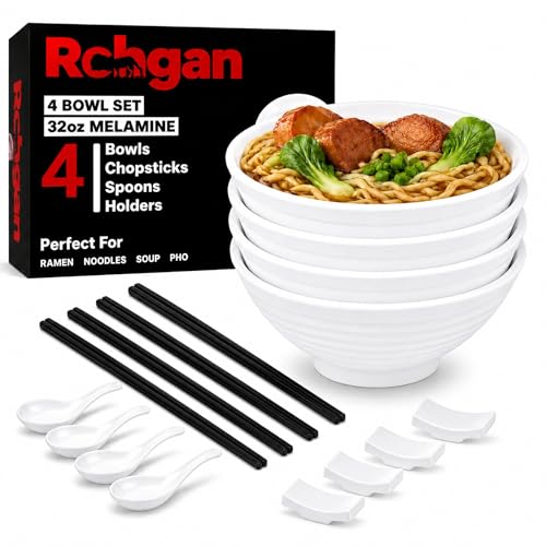 ROHGAN 32oz Ramen Bowl Set of 4-20-Piece White Melamine Japanese Noodle Bowls with Chopsticks, Spoons & Holders - Unbreakable, BPA-Free, Dishwasher-Safe - Perfect for Ramen, Udon, Pho & Asian Soups
