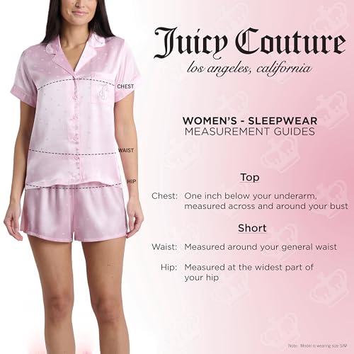 Image of Juicy Couture Women's 2 Piece Satin Notch Collar Button Down Shirt and Pajama Shorts Lounge and Sleepwear Set
