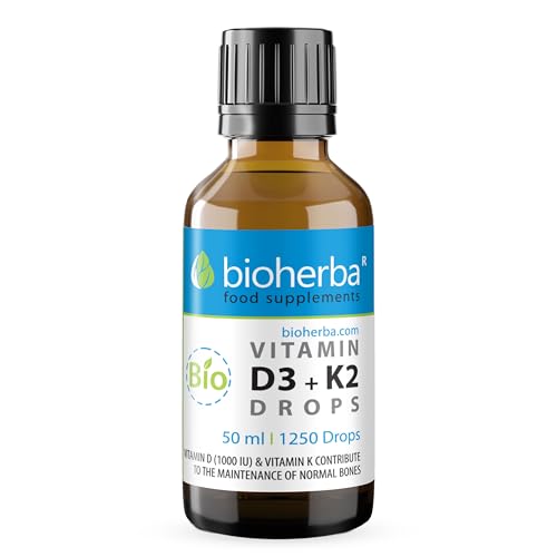 Vitamina D3 + K2 en gotas – Suplemento vegano con MK-7 y aceite MCT | 1250 gotas / 50 ml | Alta concentración – sin aditivos – Bioherba