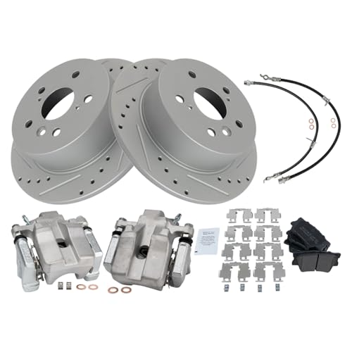 Image of TRQ Performance Rear Brake Pad and Rotor Set Semi Metallic Slotted Drilled Calipers Compatible with 2007-2012 Lexus ES350 2008-2012 Toyota Avalon 2007-2011 Camry