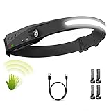Pluralla Rechargeable Headlamps with 230°Wide Beam Headlight, Motion Sensor Bright 5 Modes Lightweight Sweat Proof Head Flashlight with Clips for Outdoor Running, Camping, Fishing, Hiking-Black