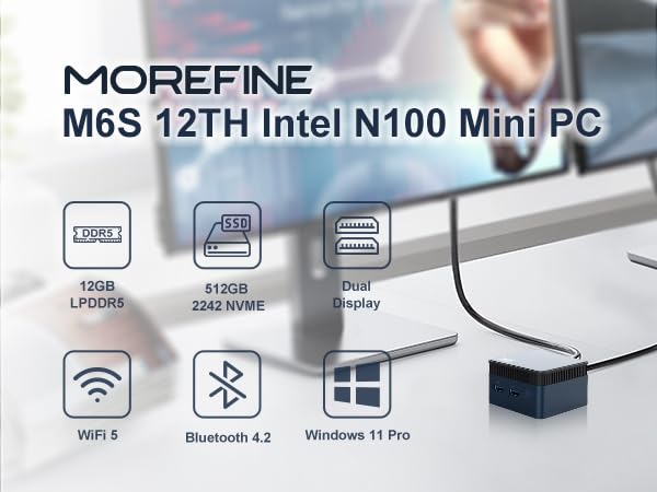 Image of MOREFINE M6S N100 Mini PC, 12th Gen Alder Lake N100 (4C /4T, Up to 3.4Hz) 12G LPDDR5 500G NVME SSD Mini Computer, Micro Desktop Computer Support Dual Display /USB3.2 /2.4 /5G Wi-Fi
