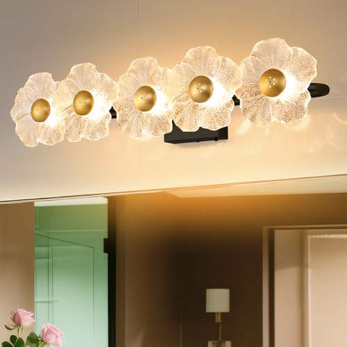 Image of MantoLite 26.7'' Bathroom Light Fixtures Modern Vanity Light Over Mirror Adjustable 3000K-6000K Picture Lights Art Light with Floral Clear Glass Shades for Living Room Bedroom (5 Light Black)