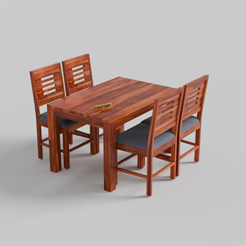 Image of 45 Inch Length Solid Sheesham Wood 4 Seater Dining Table Set | Four Seater Dinner Table with 4 Cushions Chairs | Dinning Table Set 4 Seater for Living Room | Table & Chair Set | Honey Finish
