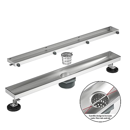 Image of Linear Shower Drain 20 inch Brushed 304 Stainless Steel | Fast Drainage | Tile Inserted | Stainless Floor Drain Grate | Hair Strainer | Drain Key | The Upgrade for Your Bathroom