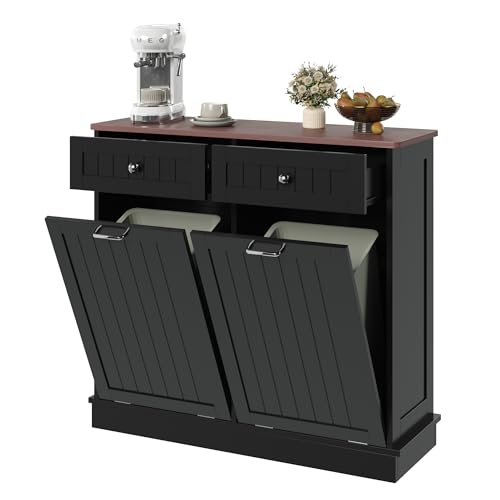 KIGOTY Double Tilt Out Trash Cabinet - 20 Gallon Hidden Trash Storage Cabinet with 2 Drawers, Pet Proof & Anti-Tip, Freestanding for Kitchen, Laundry,Black