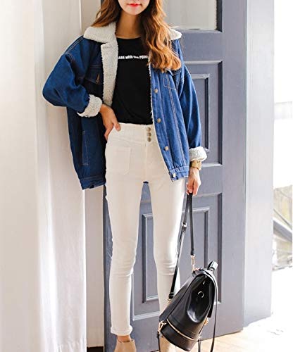 Elonglin Casaco Feminino de Jeans com Forro de Pelúcia Botões Jaqueta Folgada Grossa para Tempo Frio
