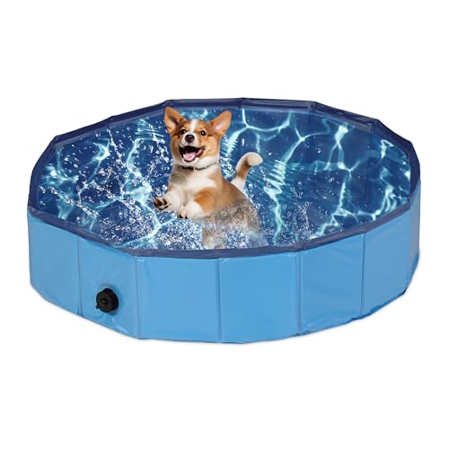 Relaxdays Hundepool, H x D: 20 x 80 cm, faltbar, mit Ablassventil, Hundeplanschbecken zur Abkühlung, PVC & MDF, blau