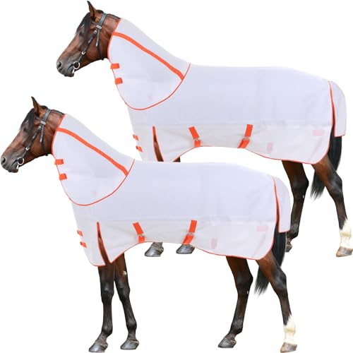 Cosblank 2 Pieces 600d Waterproof Horse Sheet 78\" Size Stylish White and Orange Horse Vest with Neck to Protect Your Horse Against Flies and UV Brace for Summer and Rainy