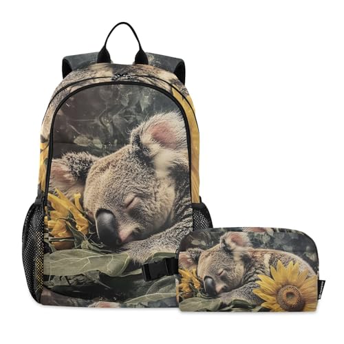Backpack Lunch Bag Set for Travel Hiking Picnic, Koala Sunflower Print Backpacks with Insulated Lunch Box
