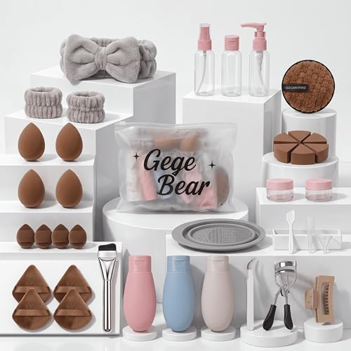 Image of Multi-Shape Makeup Sponge Set | 20 Piece Beauty Puff Collection with Headband and Clean Sponge | Pink, Purple, Beige & Bright Sets | Face Blender Kit for Cream, Liquid & Powder | Aesthetic and Functional Makeup Tool (Brown, 38 PCS)