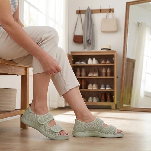 Image of Women's Slippers with Arch Support, Adjustable Open Toe Shoes for Diabetic | 5-Layer Construction, 60D Memory Foam, Machine Washable, Anti-Slip Outsole
