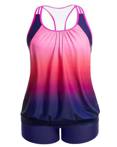 Image of Womens Plus Size Tankini Swimsuit Two Piece Tummy Control Bathing Suit | Blouson Racerback Tankini Top with Shorts, Double Up Design, Removable Pad
