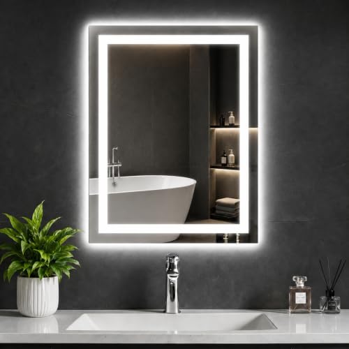 Image of 28 inchx 32 inch LED Bathroom Mirror with Lights, Anti-Fog, Dimmable Vanity Mirror | Backlit + Front Lit, 3 Colors, Memory Function, Tempered Glass, Shatterproof, ETL Listed Led Wall Vanity Mirror for Bathroom