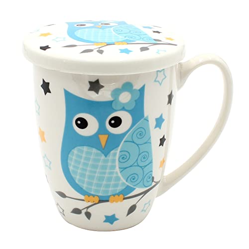 Dekohelden24 Tasse à thé en céramique avec infuseur en métal et couvercle Motif chouettes bleues et étoiles Dimensions (H x Ø env. 11 x 8 cm) Capacité...
