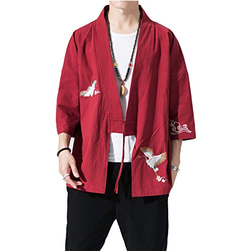 Image of PRIJOUHE Men's Kimono Jackets Cardigan Lightweight Casual Cotton Blends Linen Seven Sleeves Open Front Coat Outwear