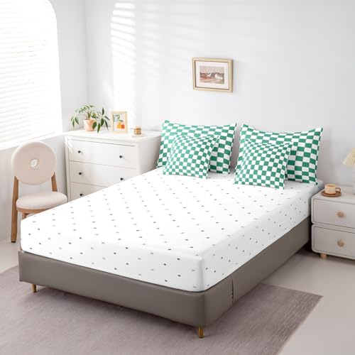 Image of Erosebridal Green Checkered Queen Bed in A Bag 7 Piece White Emerald Green Checkerboard Bedding Set,Buffalo Plaid Grid Comforter Set with Sheets for Kids Adults Aesthetic Geometric Gingham Bed Set