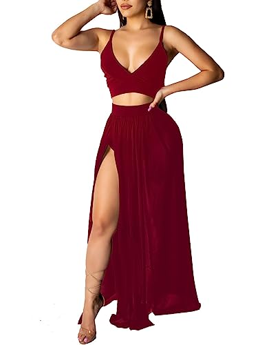 LYANER Women's 2 Piece Outfits Deep V Neck Spaghetti Strap Sleeveless Crop Top and High Side Split Cocktail Maxi Skirt