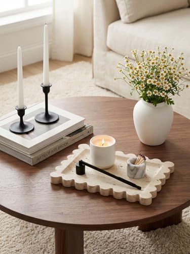 Denique Natural Travertine Tray with Scalloped Edge, 10.8x8 Rectangle Vanity Tray for Bathroom Kitchen Countertop, Beige Decorative Stone Storage Tray for Dresser Home Decor