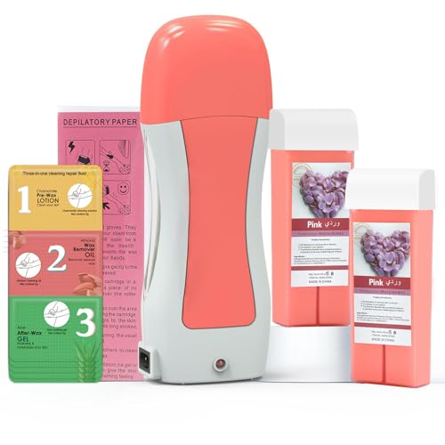 Waxing Kit Roll on Wax Kit, Pre & Post Wax Gel Wax Roller Kit for Hair Removal with 2 Rose Wax Cartridges, Depilatory Wax for Women & Men