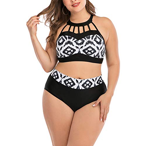 Goodvk Trajes de Dos Piezas Bikini de Cabestro Traje de baño bañadores for Las Mujeres más del tamaño del Traje de baño Favorecedor Traje de baño (Color : Black and White, Size : XXXXL)