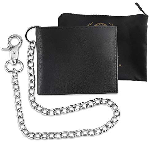 F&L Classic Rfid Blocking Mens Bi-Fold Style Cowhide Leather Steel Chain Wallet, Texas Black #TOP5