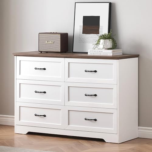GAOMON-6-Drawer-Dresser-Farmhouse-Chest-of-Drawer-with-Metal-Handles-Modern-Storage-Organizer-with-Anti-Collapse-Design-Wooden-Dresser-for-Living-Room-Bedroom-Hallway-White-and-Brown GAOMON 6 Drawer Dresser Farmhouse Chest of Drawer with Metal Handles Modern Storage Organizer with Anti Collapse Design Wooden Dresser for Living Room Bedroom Hallway White and Brown