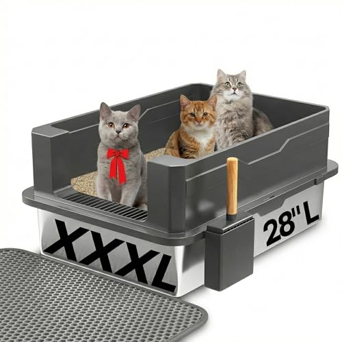 XXXL Stainless Steel Cat Litter Box Extra Large 28 L x 20 W with High Sides & Lid Non-Stick No Odor Leak-Proof Metal Boxes for Large & Multiple Cats Easy to Clean Lites (1-Pack XXXL)