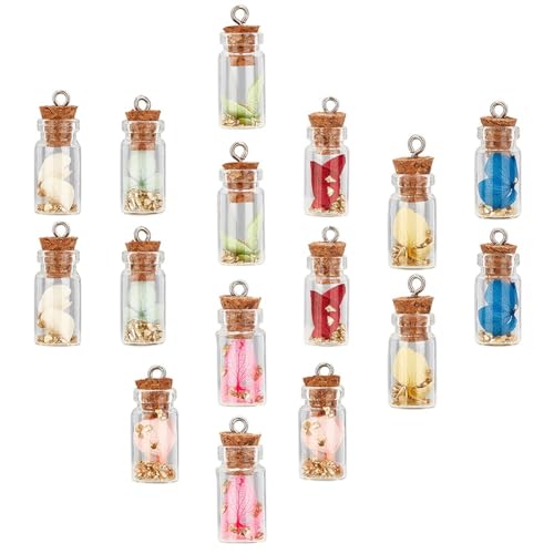 SUNNYCLUE 16Pcs Mini Glass Bottle Necklace Charms for Wishing Bottle Jewelry Making, Earring, Key Chain Decoration DIY Craft, Mixed Color