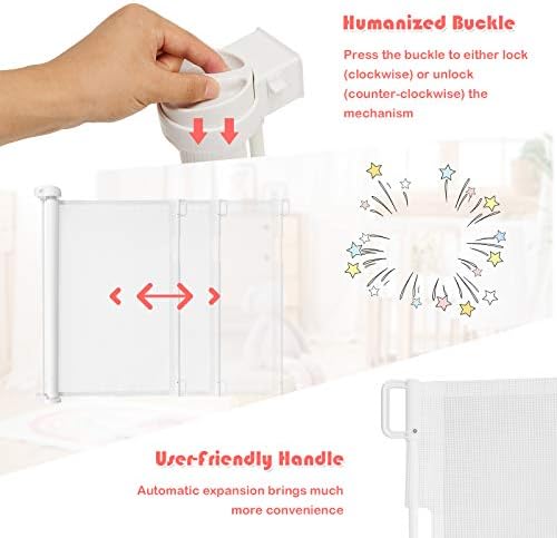 COSTWAY Retractable Safety Gate with Lock, Extend up to 137CM, Easy One Handed Opening, Wide Mesh Door Stair Guard for Baby Pets (White)